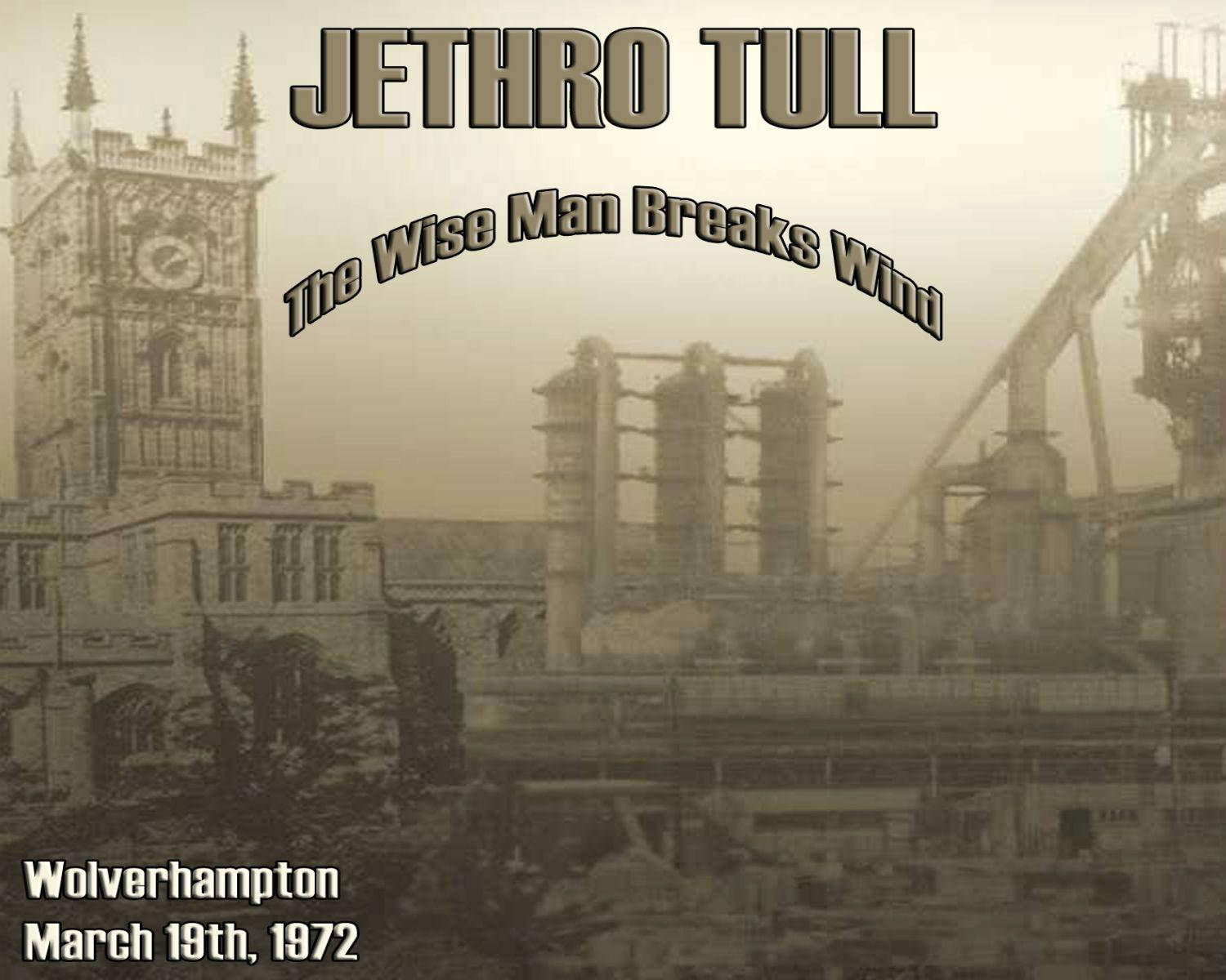 Jethro Tull 1972 年伍爾弗漢普頓演唱會復古海報 壁紙 — 一張1972年伍爾弗漢普頓Jethro Tull的棕褐色調音樂會海報，將哥德式鐘樓與工業煙囪並置在朦朧的天空下。