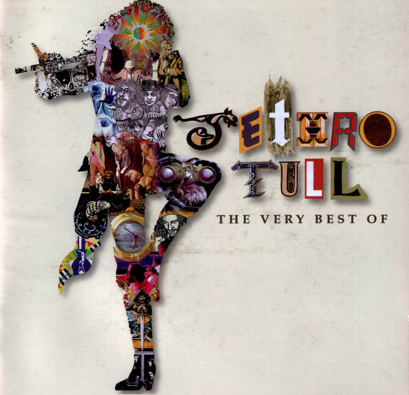 Jethro Tull《The Very Best of Jethro Tull》經典專輯封面 壁紙 — 一個結他手的剪影拼貼，充滿迷幻藝術和樂隊圖像，背景是帶紋理的米白色。