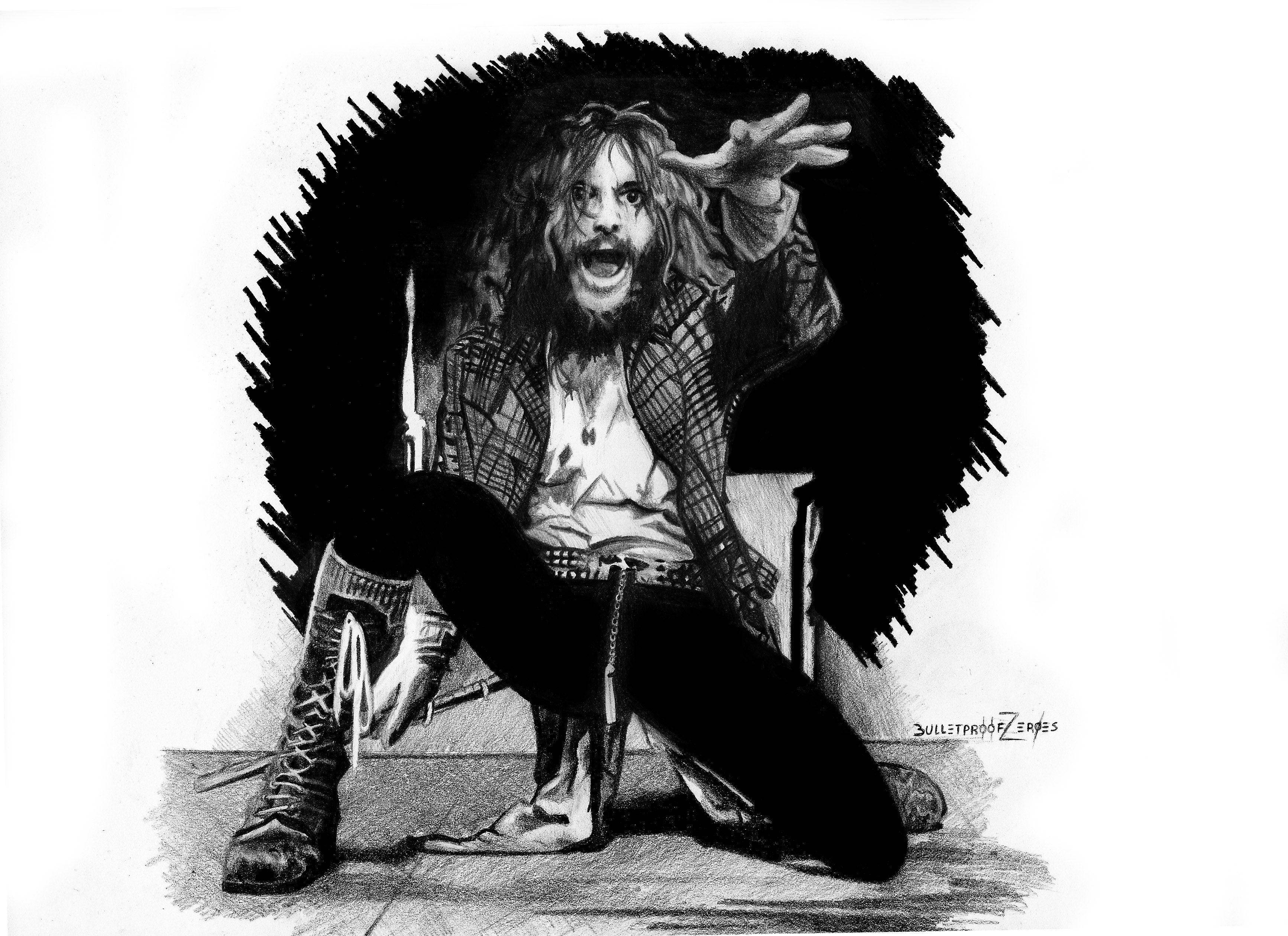 Jethro Tull 標誌性樂手 Ian Anderson 數位藝術肖像 壁紙 — 一個頭髮凌亂的男人穿著格仔外套和靴子，在鮮明的黑白素描中手持刀具尖叫。