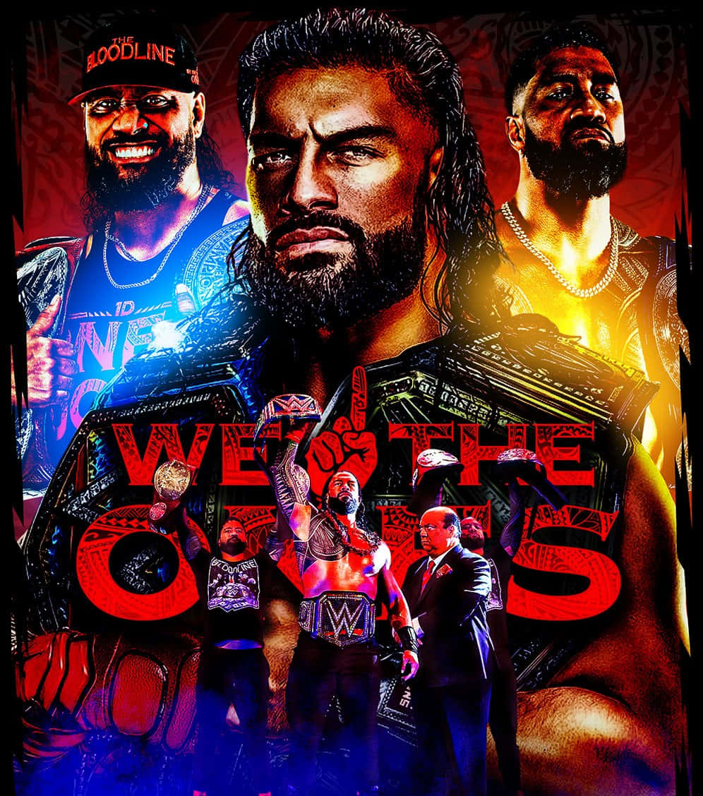 Jey Uso We The Ones 海報 壁紙 — 三位WWE摔角手帶著冠軍腰帶，在火紅與電藍色的背景前擺出戲劇性的姿勢，並配上粗體紅色文字。