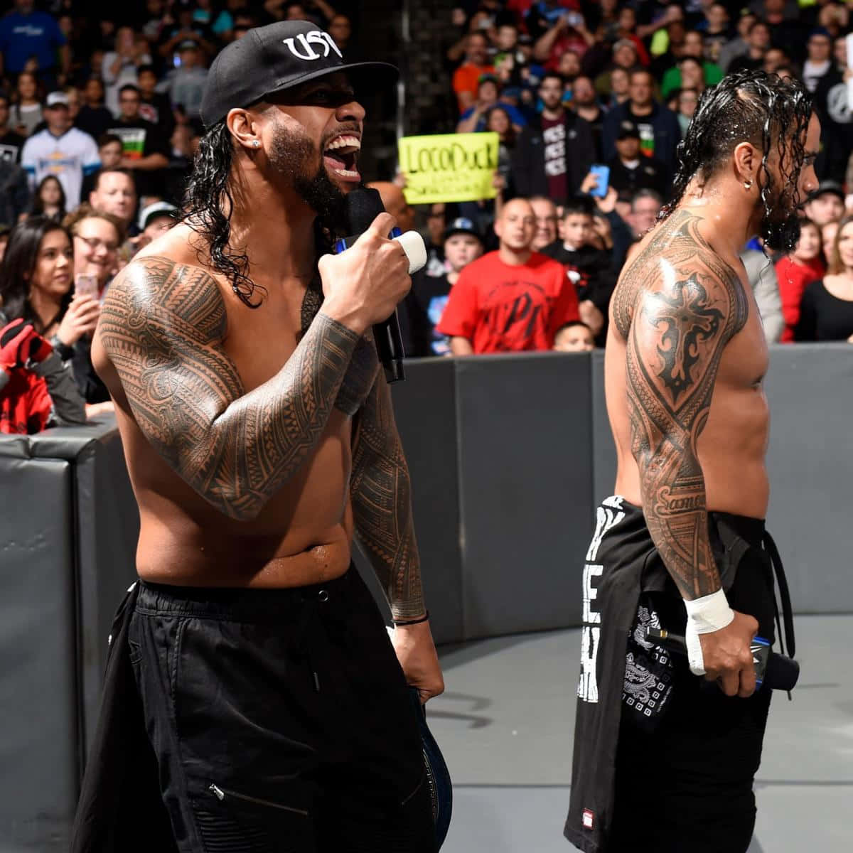 Jey Uso 與雙胞胎兄弟 Jimmy Uso 展現兄弟情誼 壁紙 — 兩名紋身長髮摔角手在擂台上對峙，台下歡呼的觀眾舉著標語牌。