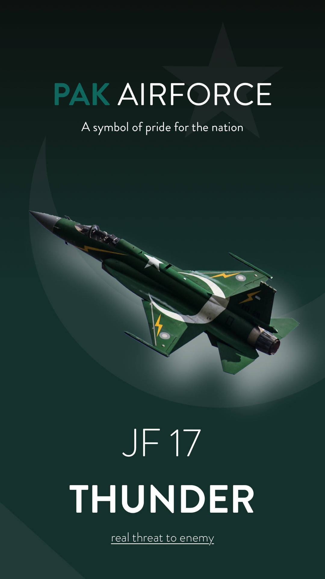 深色背景上帶有巴基斯坦空軍文字的綠色和白色JF 17 Thunder戰鬥機。