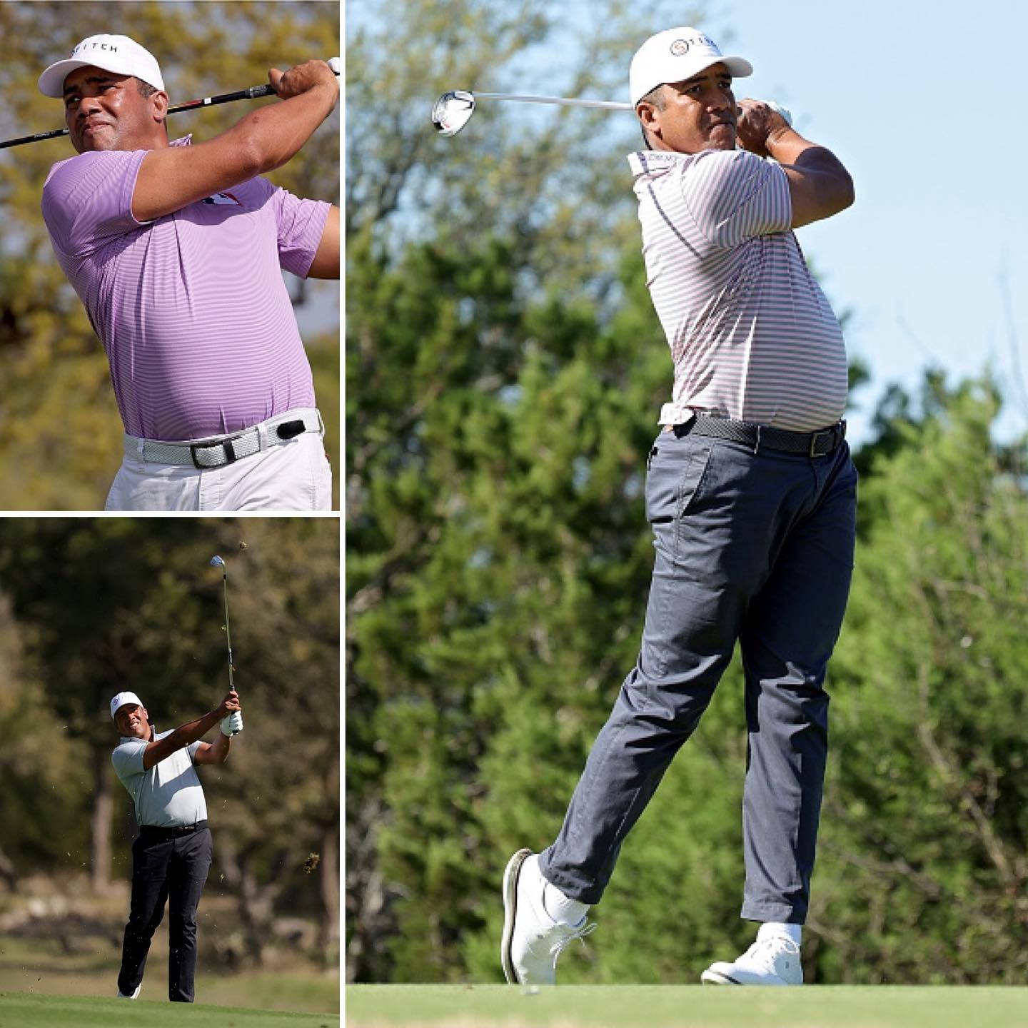 Jhonattan Vegas 球桿揮擊拼貼畫 壁紙 — 一位高爾夫球手在揮桿中途，以三個動態姿勢捕捉，背景是茂密的綠樹和清澈的藍天。