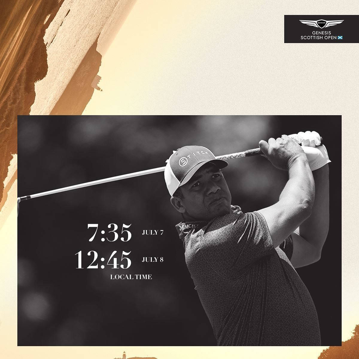 Jhonattan Vegas 冷靜比賽海報 壁紙 — 一張黑白動作照片，捕捉高爾夫球手揮桿瞬間，並在紋理米色背景上疊加比賽時間細節。