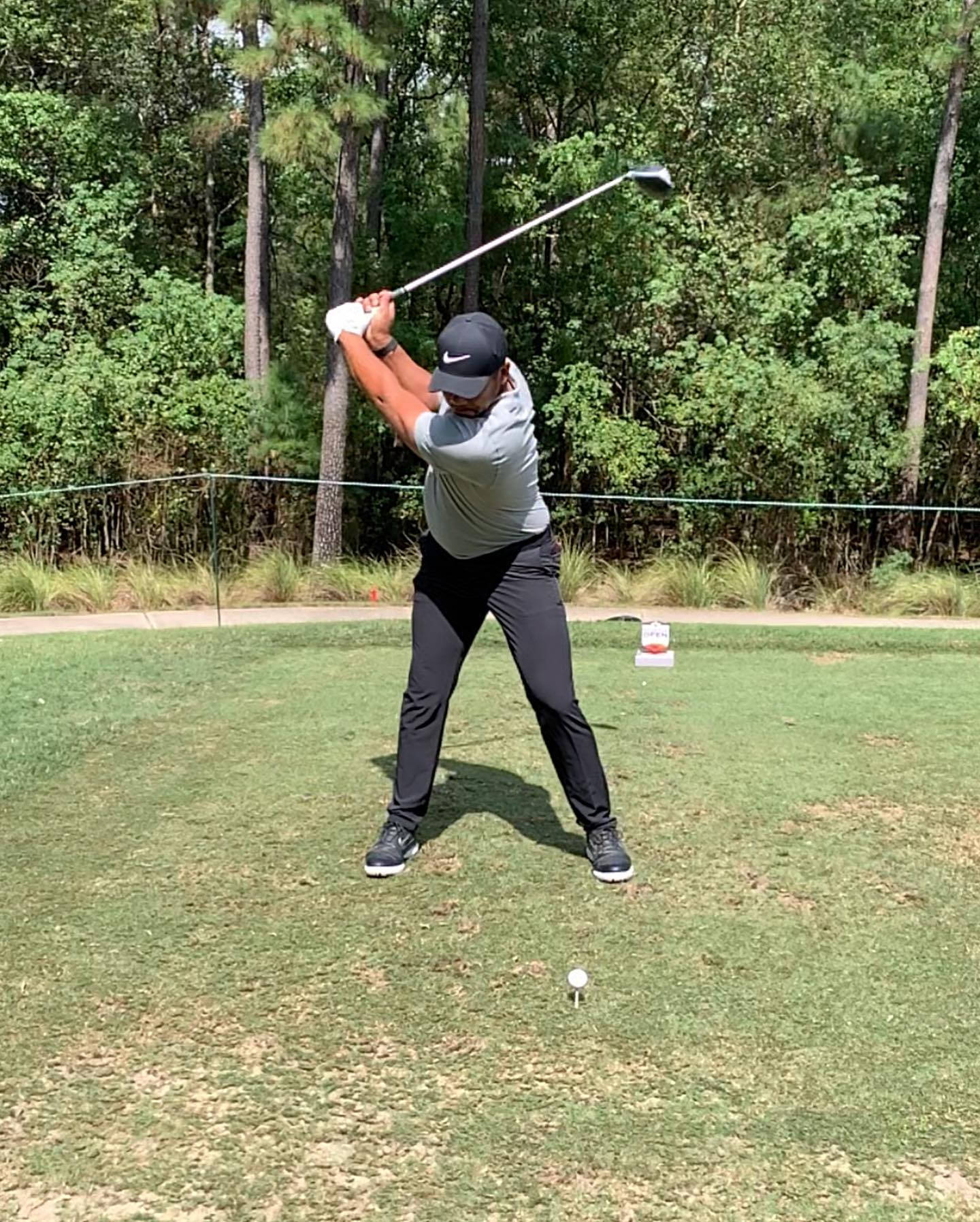 Jhonattan Vegas 晴天揮桿 壁紙 — 一名高爾夫球手在陽光明媚的日子裡揮桿，身後是茂密的綠樹和草地。