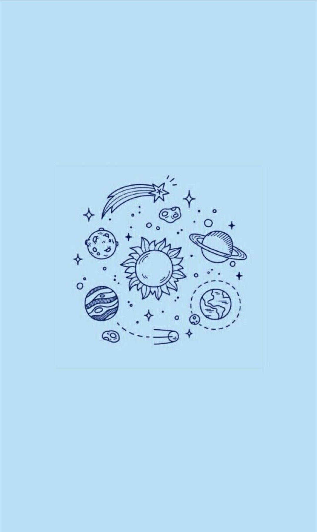藍色背景上以極簡線條藝術描繪的天體，包括太陽、行星和彗星