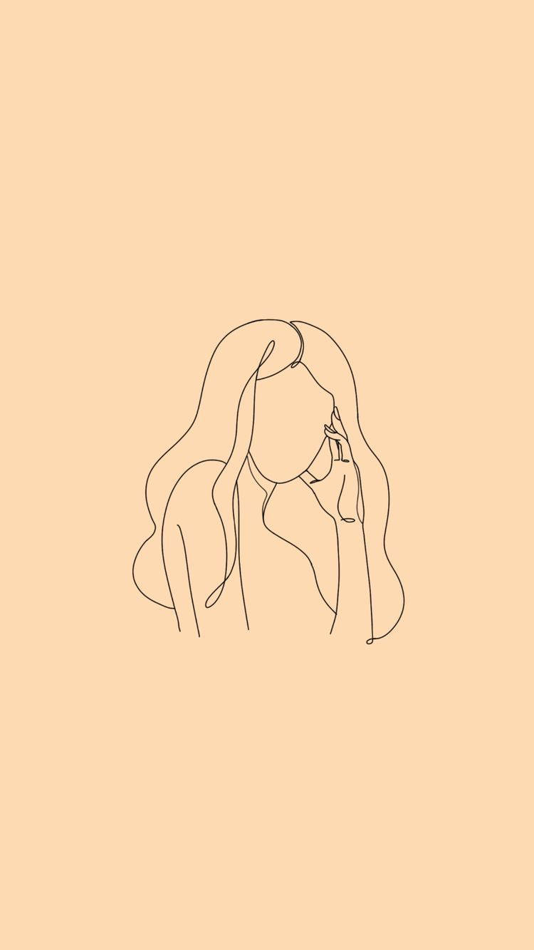 極簡線條畫中長髮女性觸碰臉龐。