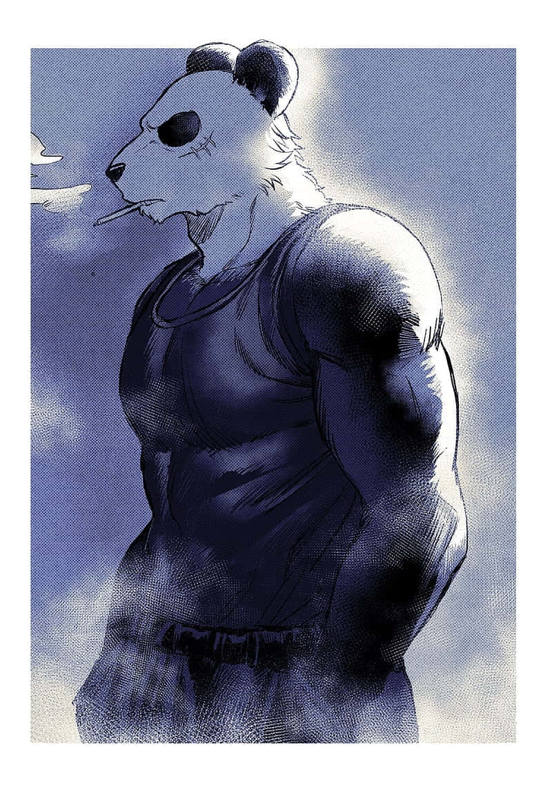  壁紙 — 一隻肌肉發達的擬人化熊貓叼著香煙，站在帶有半色調紋理的多雲藍天背景下。