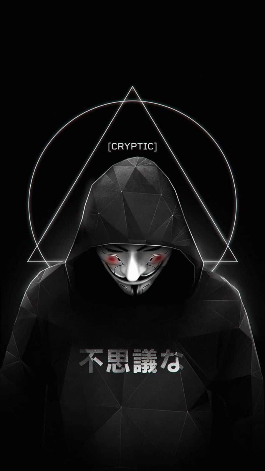  壁紙 — 一個幾何渲染的戴帽人物，擁有發光的紅色眼睛和白色面具，站在一個發光的三角形和圓形下方，背景為黑色。