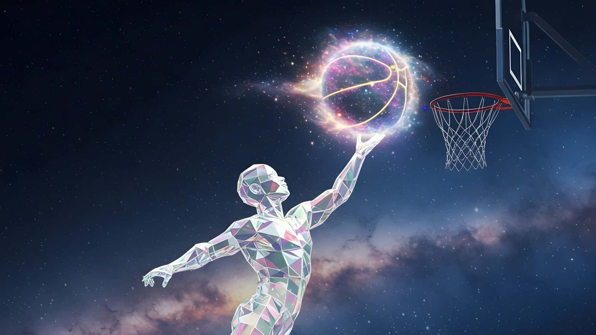  壁紙 — 一個幾何渲染的籃球運動員在宇宙背景下躍起，將一個充滿星系的發光球體灌入籃框。