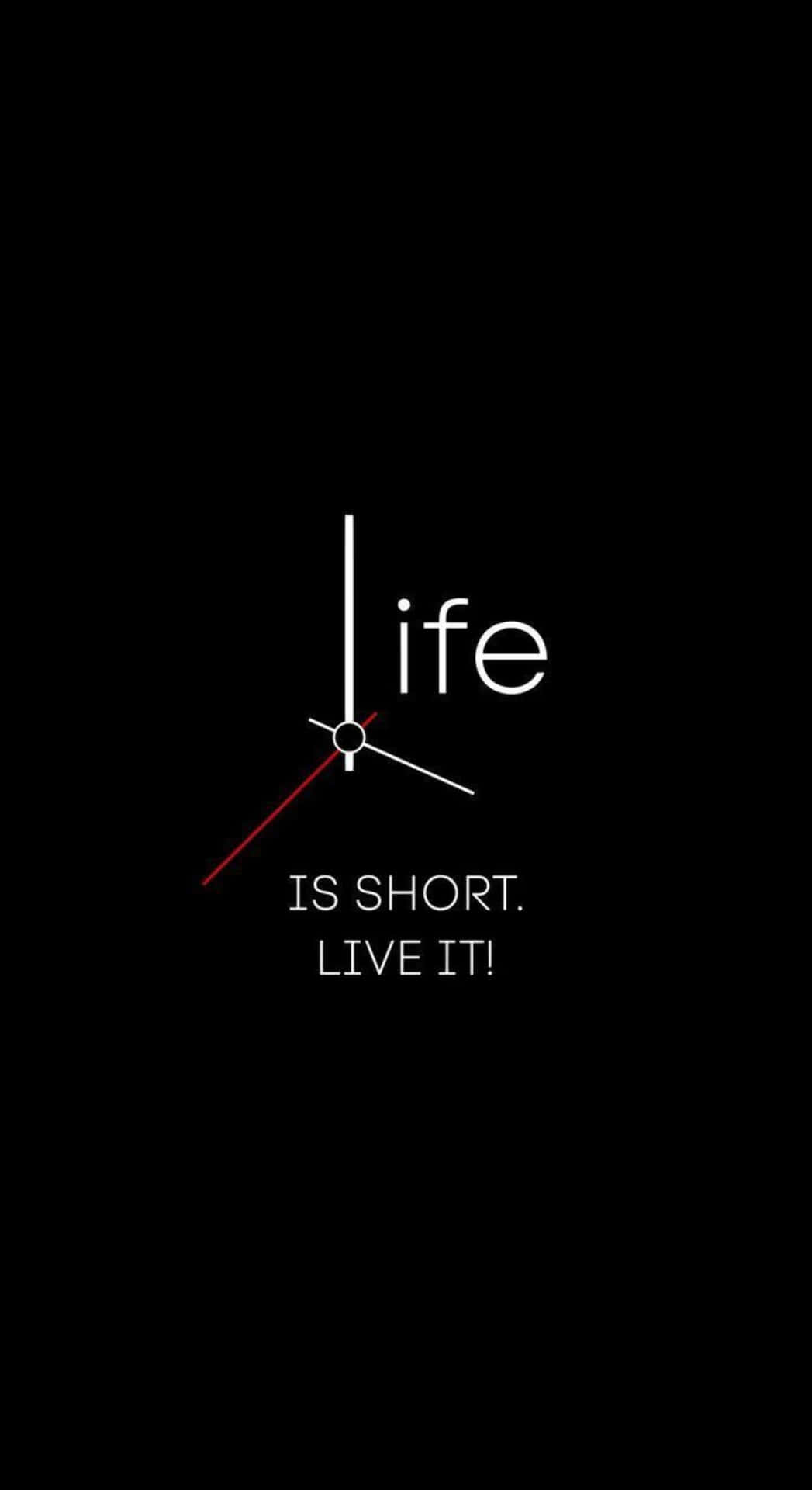  壁紙 — 極簡黑色背景，白色時鐘指針形成life一詞，下方有勵志文字。