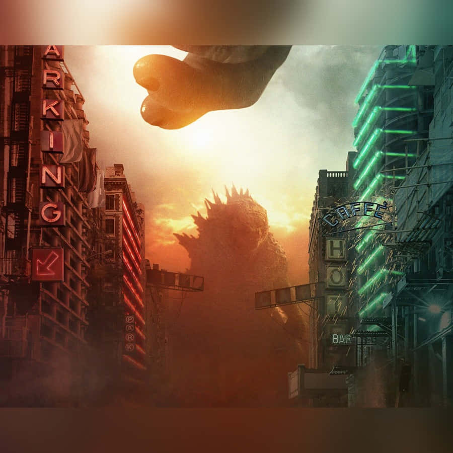 Godzilla City Destruction 桌布 壁紙 — 一隻巨大的哥斯拉在日落時分聳立於霓虹燈閃爍的城市景觀之上，一隻巨腳從天而降。