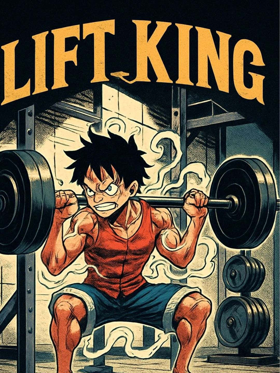  壁紙 — 一個肌肉發達的動漫男孩穿著紅色背心，在一個粗糙的健身房裡努力舉起沉重的槓鈴，上方有「LIFT KING」字樣。