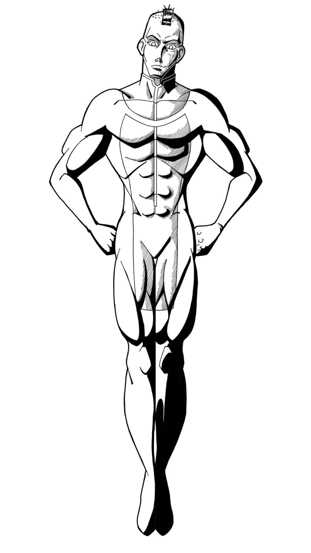  壁紙 — 一個肌肉發達的動漫男子，留著莫霍克髮型，雙手叉腰，以大膽的黑白線條藝術風格自信地站立。