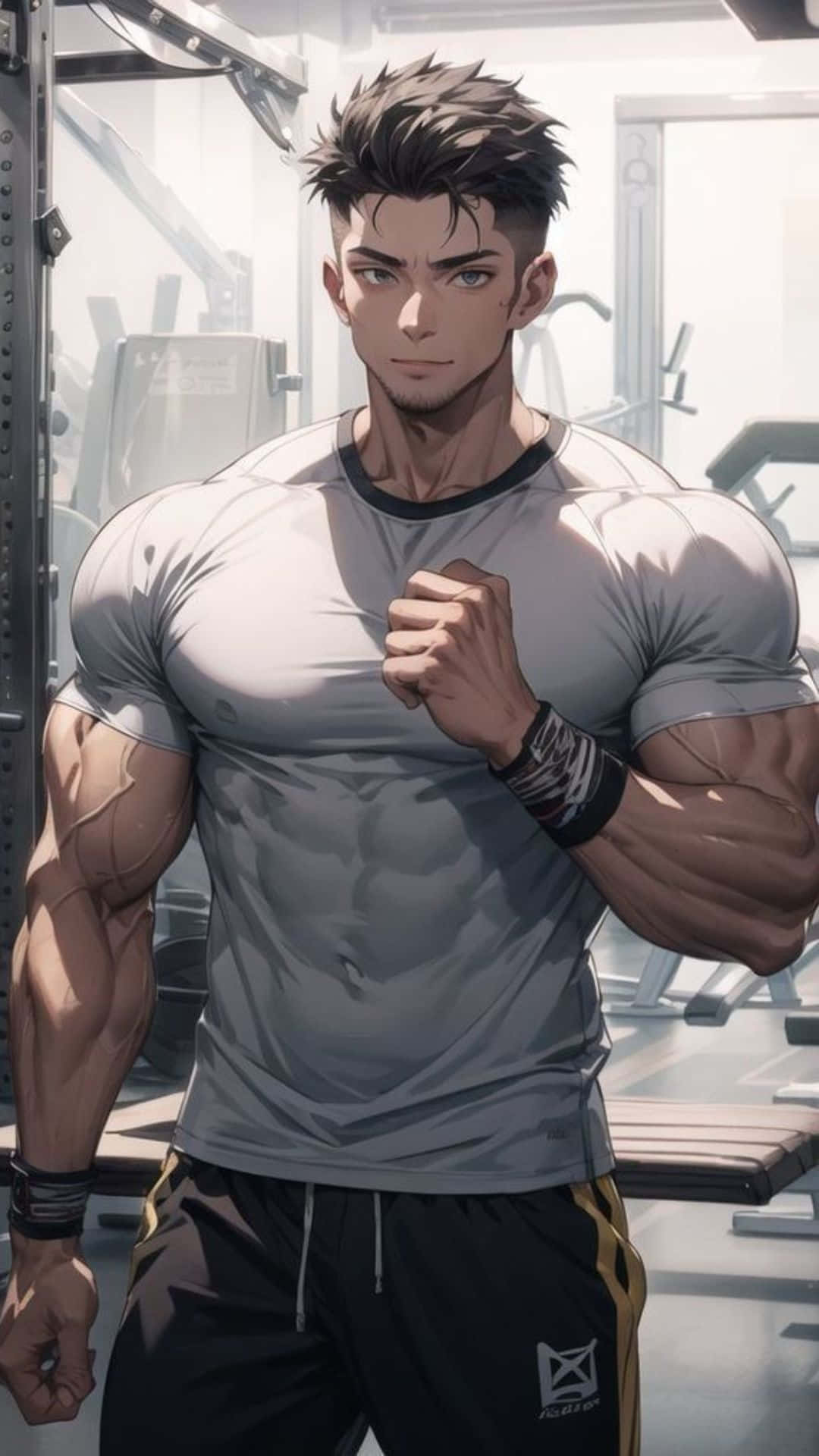  壁紙 — 一個肌肉發達的動漫男子在健身室中，在明亮燈光下彎曲二頭肌，背景有器材。