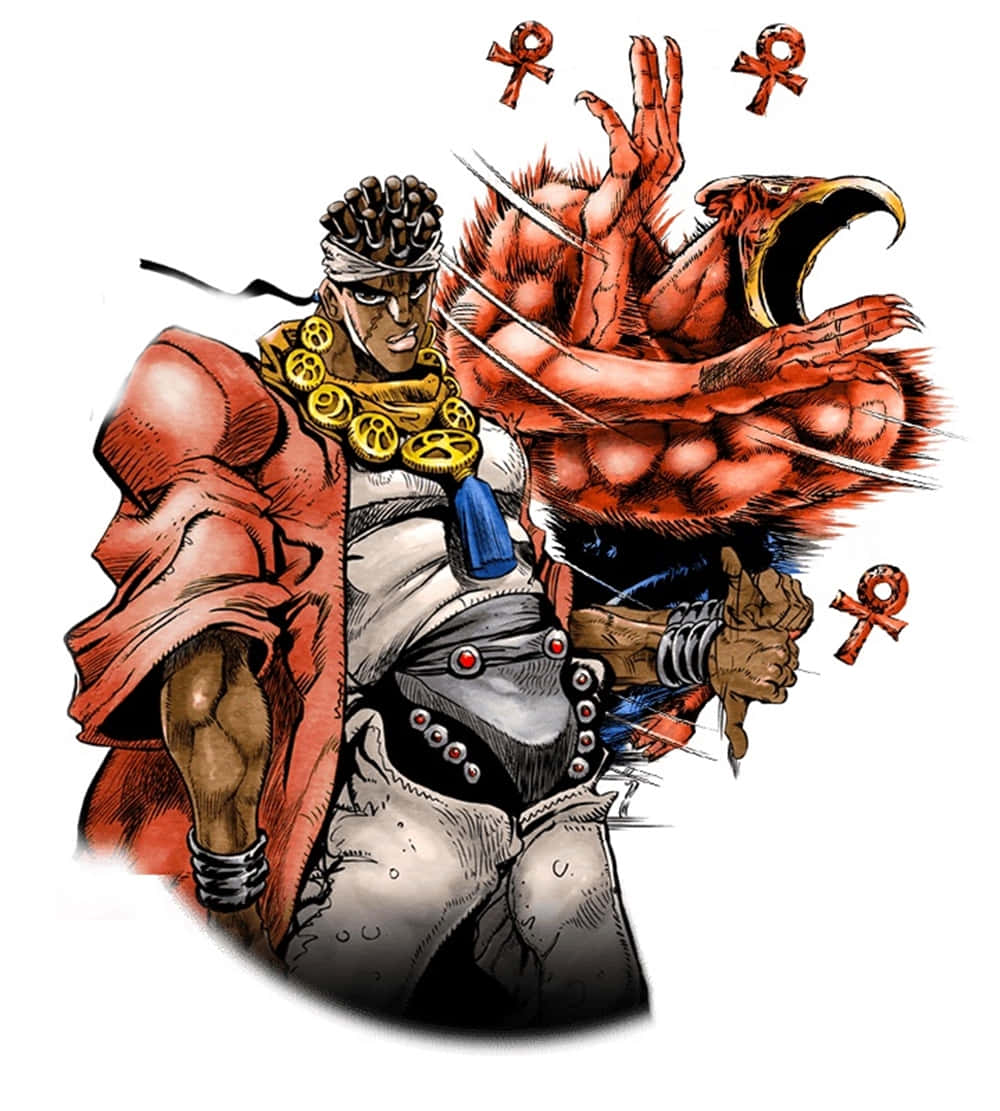 Muhammad Avdol 桌布 壁紙 — 一個肌肉發達的動漫戰士，身穿紅色斗篷和金色珠寶，揮舞著一隻擁有鋒利爪子和張開喙的怪異紅色鳥類生物。