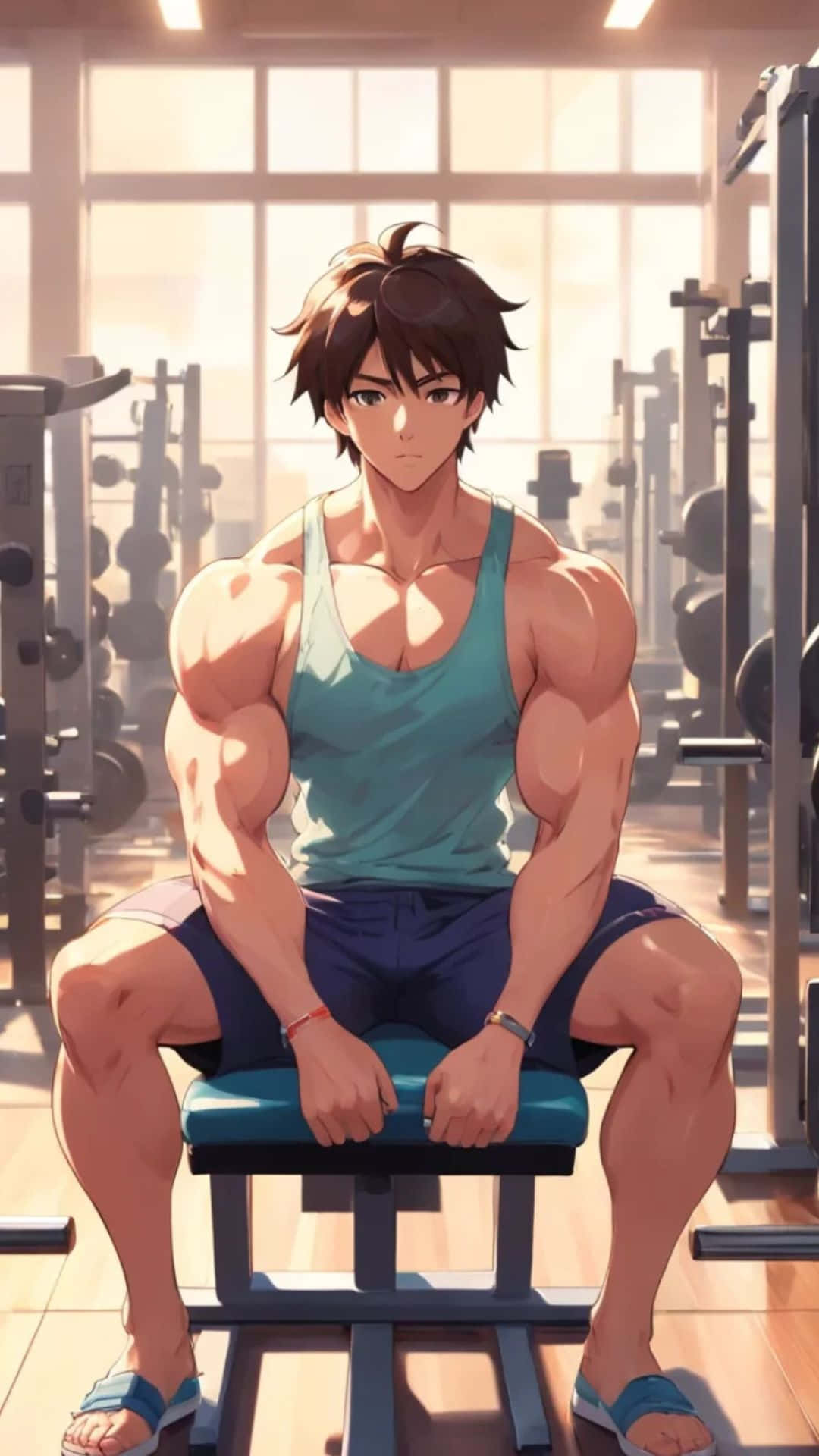  壁紙 — 一個肌肉發達的動漫男人穿著青綠色背心，坐在健身椅上，專注地看著身後大窗戶透進來的陽光。