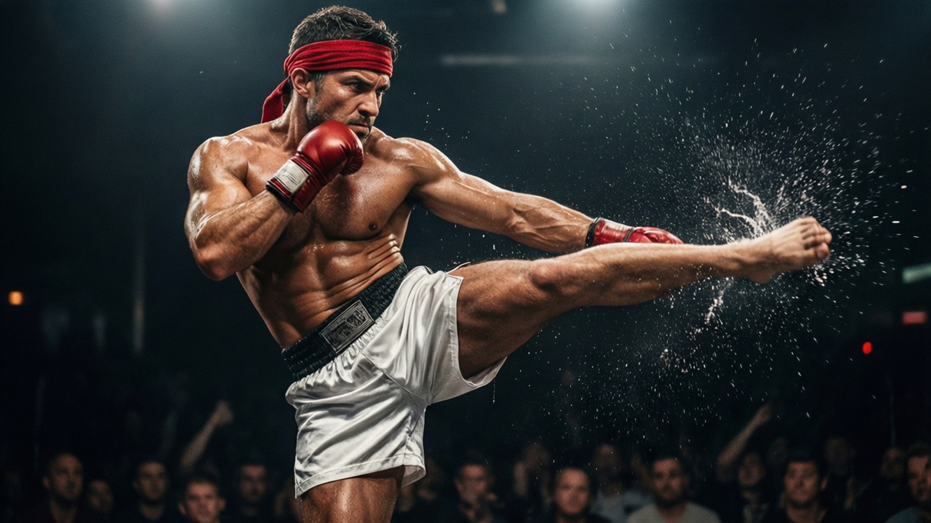Kickboxer 桌布 壁紙 — 一位肌肉發達的拳擊手，戴著紅色手套和頭帶，在昏暗的競技場中，腳邊水花四濺，使出一記強勁的高踢。