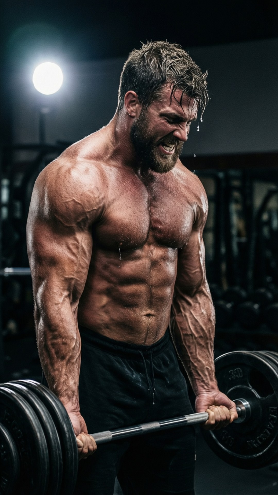 Iron Will 壁紙 — 一名赤裸上身的肌肉男在昏暗的健身室中，於明亮的頭頂燈光下，用力舉起沉重的槓鈴。