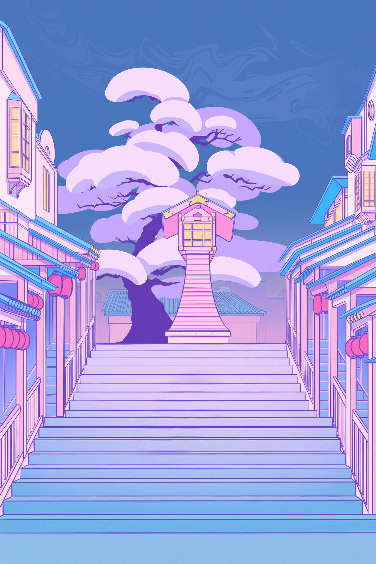 一條積雪的樓梯在紫色天空下通往神社，周圍是積雪的樹木。