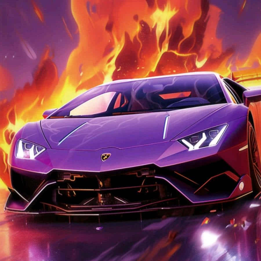  壁紙 — 一架流線型紫色林寶堅尼超級跑車，伴隨著發光的車頭燈和背後熾熱的橙色天空，在火焰中呼嘯而過。