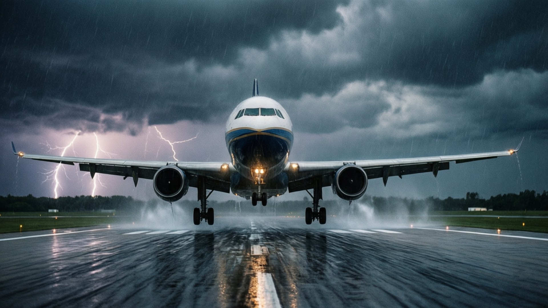 一架飛機在雷暴中降落在被雨水浸濕的跑道上。