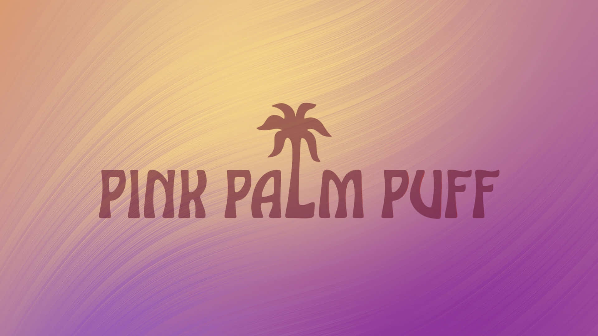  壁紙 — 漸變日落背景，配有風格化的棕櫚樹和栗色文字 pink palm puff。