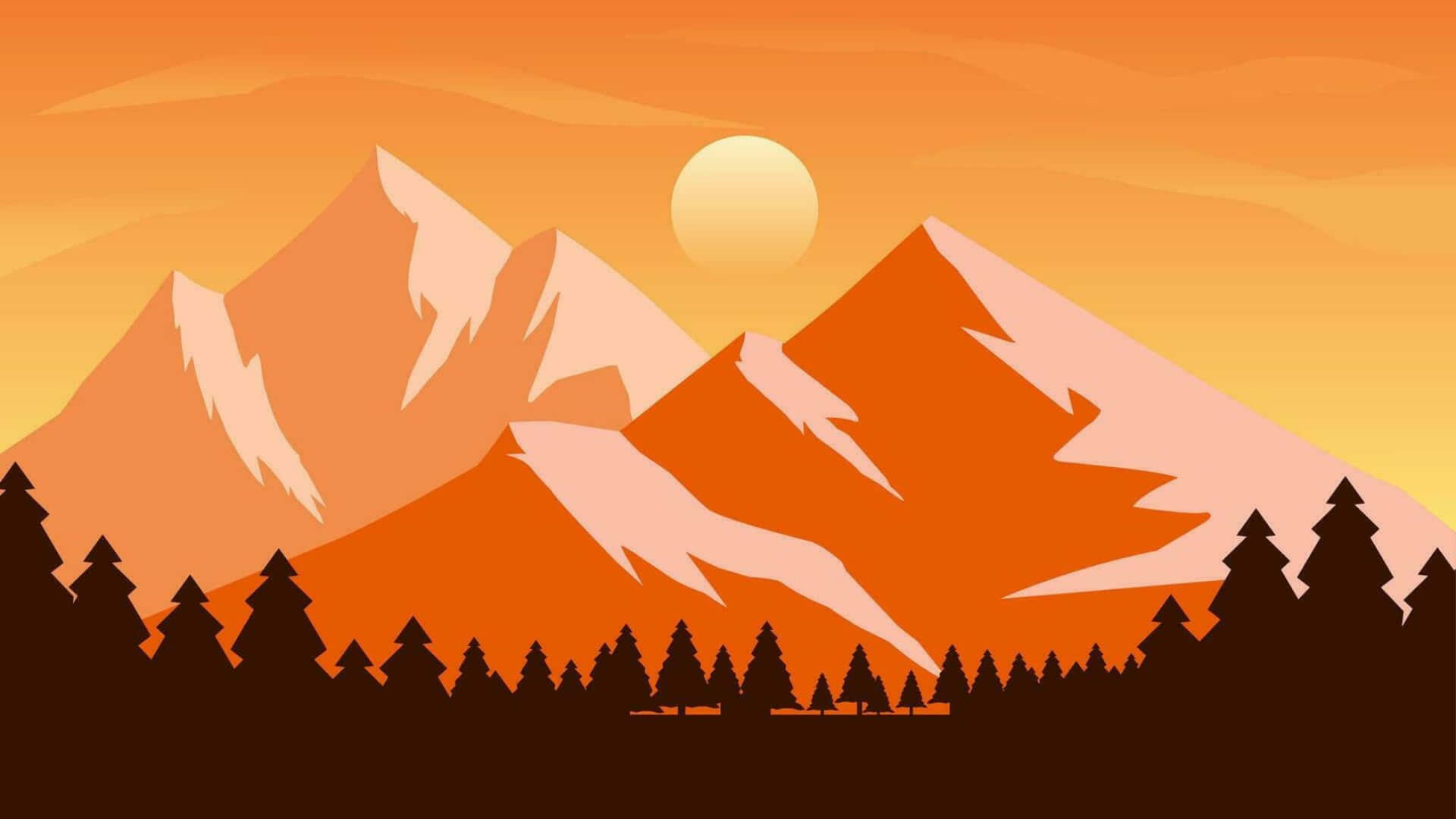  壁紙 — 剪影的松樹在溫暖的橙色夕陽和發光的太陽下勾勒出鋸齒狀的山脈。