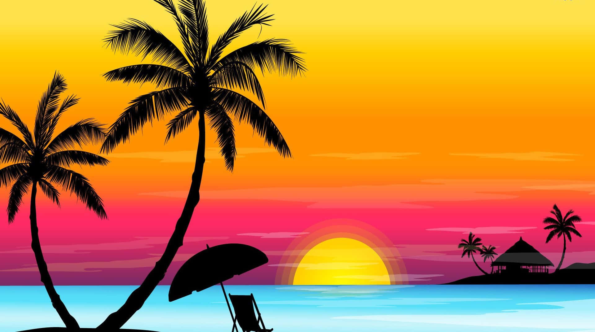 Sunset Painting 桌布 壁紙 — 剪影的棕櫚樹和沙灘椅框住了碧綠海水上 vibrant 的日落，遠岸有一座熱帶小屋。