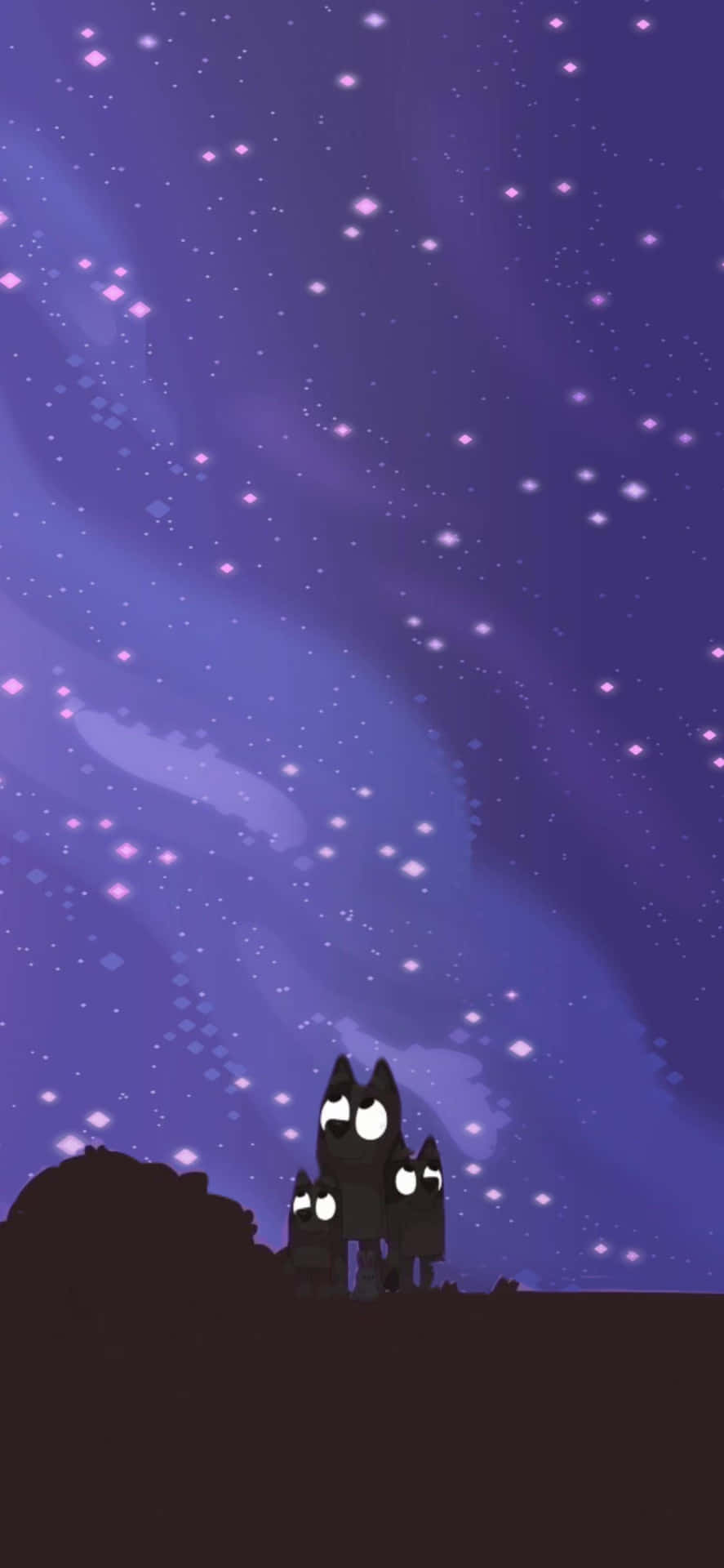  壁紙 — 剪影狼群閃爍著發光的眼睛，仰望一個充滿宇宙塵埃旋轉的紫色星空。