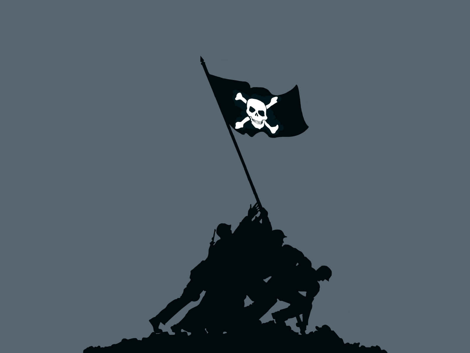  壁紙 — 剪影士兵在灰濛濛的天空下，於山頂升起海盜旗。