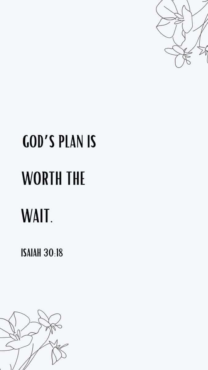  壁紙 — 簡約風格牆紙，淺灰色背景上帶有粗體黑色文字 'GOD'S PLAN IS WORTH THE WAIT' 和花卉線條藝術點綴。