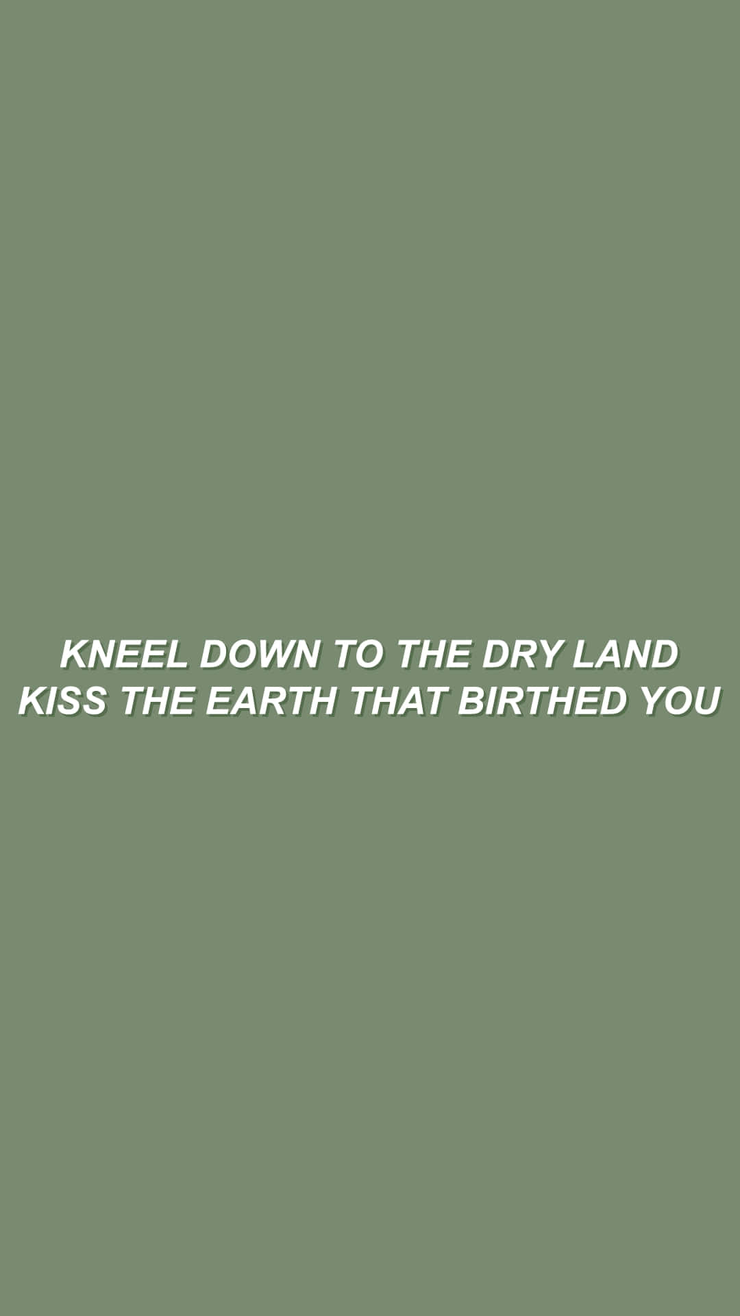 Frank Ocean Aesthetic 桌布 壁紙 — 簡約橄欖綠色背景，中央白色文字寫著「跪在乾燥的土地上，親吻孕育你的大地」。