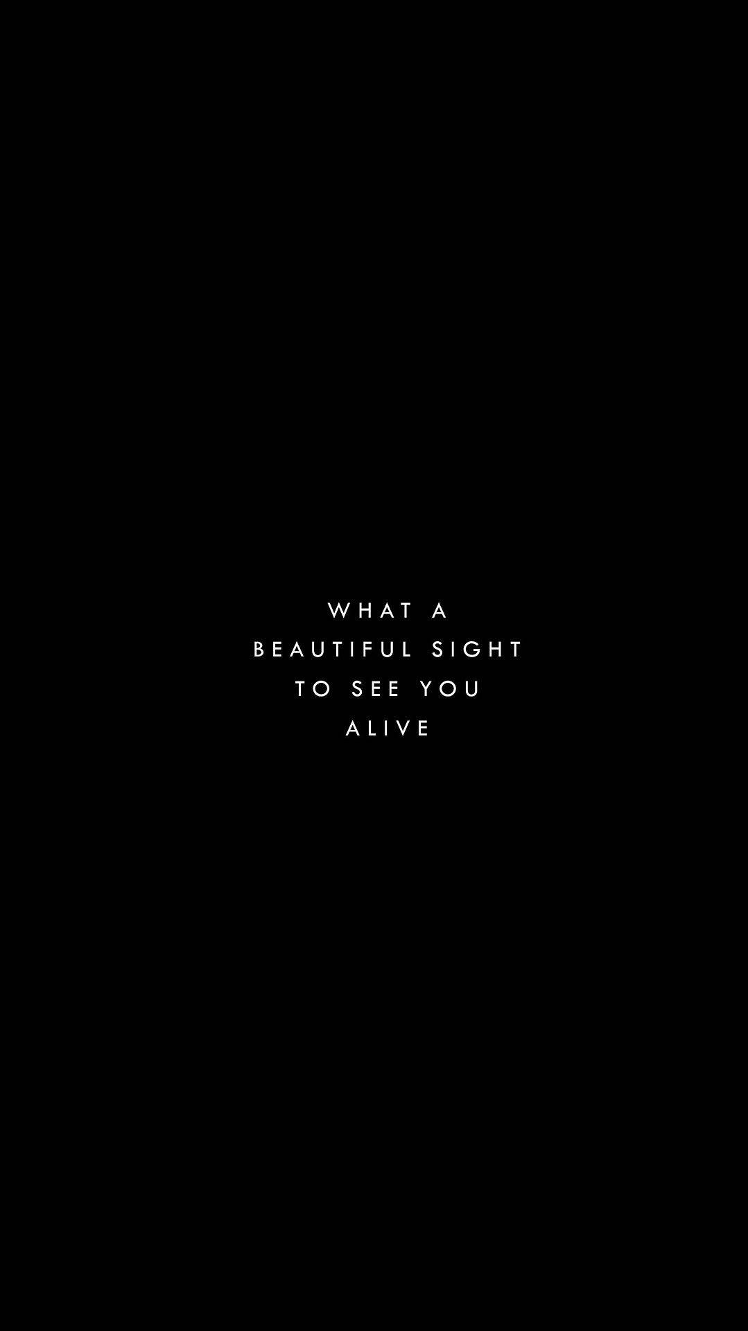 黑色背景，中央白色文字顯示 what a beautiful sight to see you alive