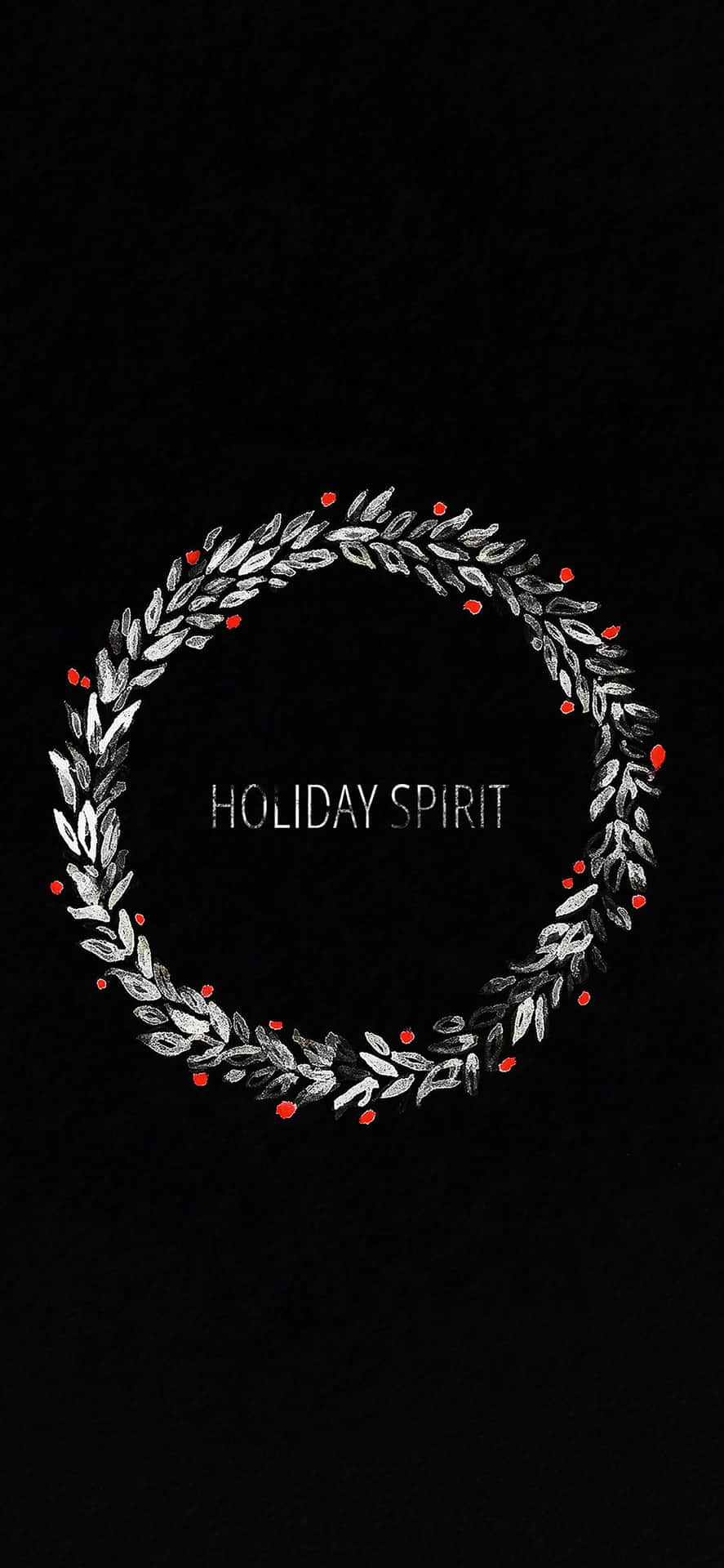 銀色花圈配紅色漿果和 holiday spirit 文字，黑色背景