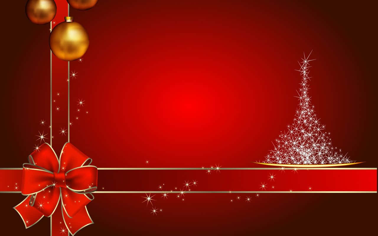 紅色和金色的聖誕設計，配有蝴蝶結、聖誕樹和閃光。