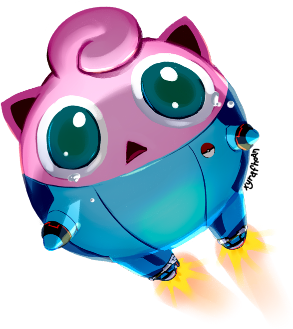 機械風格Jigglypuff插畫 壁紙 — 一個可愛的粉藍色卡通生物，有大大的綠色眼睛和橙色腳，漂浮在黑色背景上。