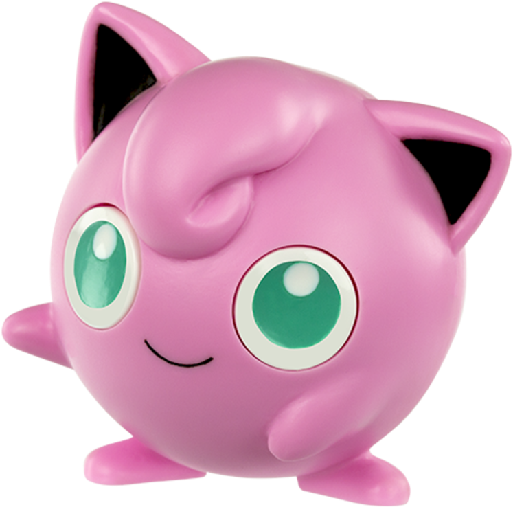 Jigglypuff 寶可夢角色 壁紙 — 一個光滑的粉紅色 Jigglypuff 公仔，擁有大大的綠色眼睛和溫柔的微笑，背景為黑色。