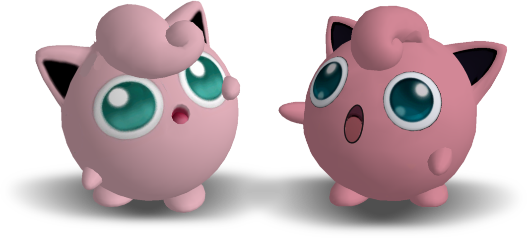 雙Jigglypuff 3D渲染圖 壁紙 — 兩隻粉紅色Jigglypuff寶可夢，擁有大的青綠色眼睛，以3D渲染並排顯示在黑色背景上。