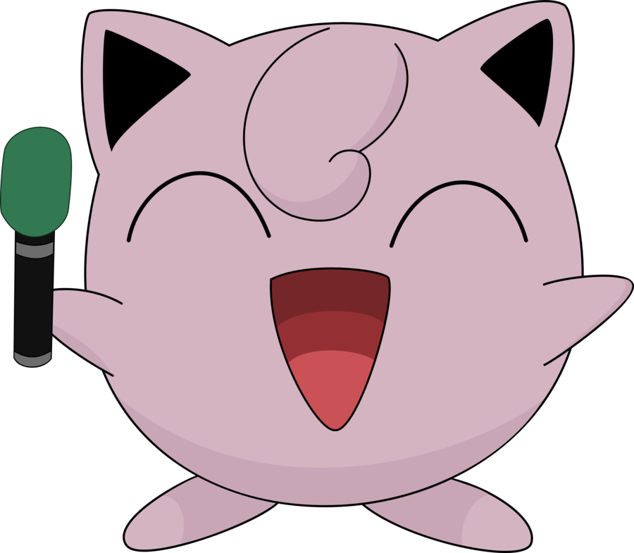 Jigglypuff手持麥克風唱歌 壁紙 — 一個快樂的粉紅色Jigglypuff角色，閉著眼睛、張大嘴巴，愉快地對著綠色麥克風唱歌。