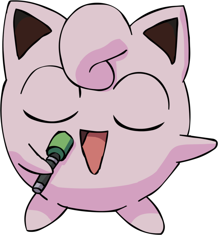 Jigglypuff手持麥克風唱歌 壁紙 — 來自寵物小精靈的開心粉紅色胖丁，閉著眼睛伸出舌頭，愉快地對著綠色咪高峰唱歌。