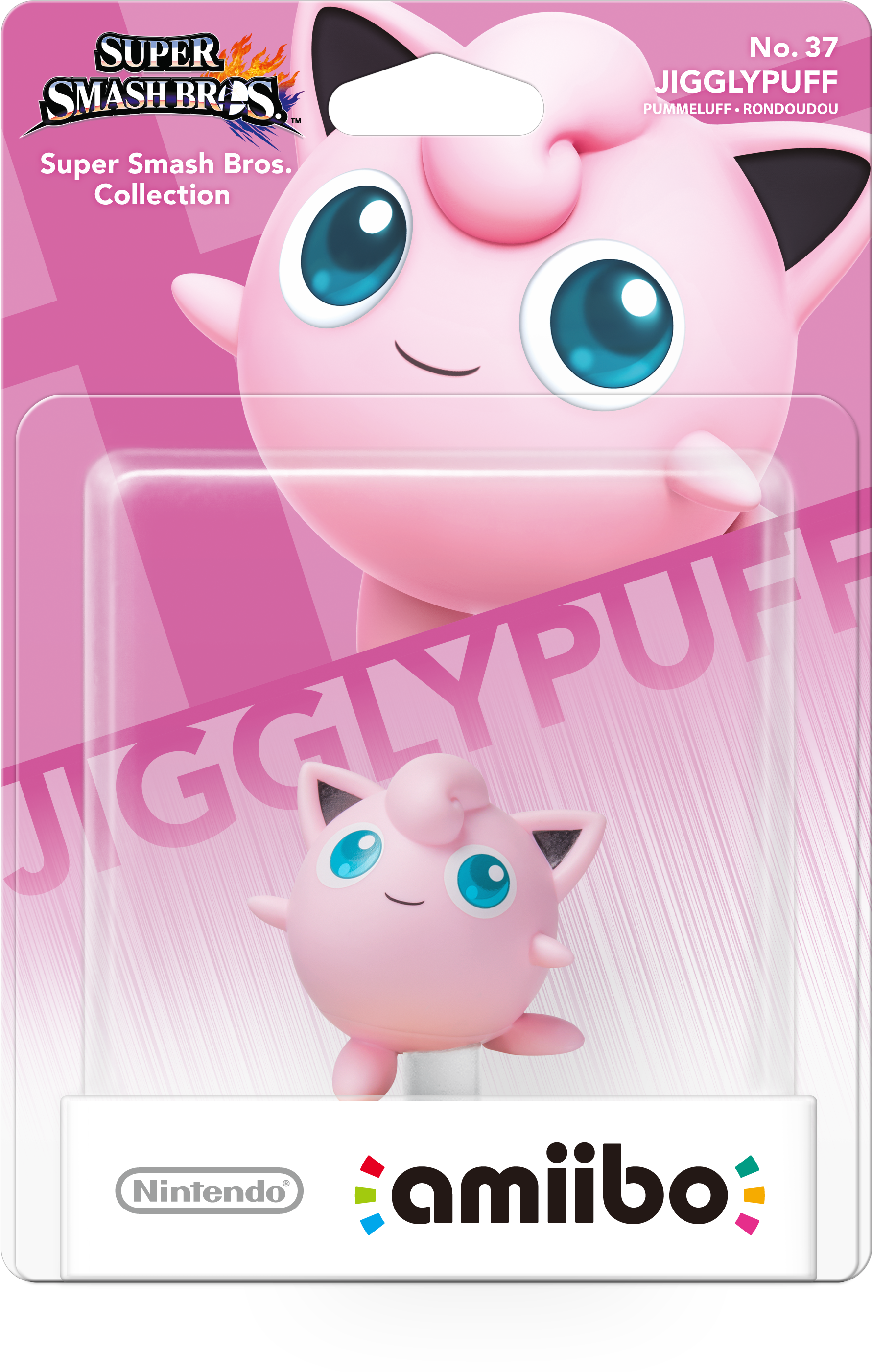Jigglypuff amiibo《任天堂明星大亂鬥》收藏版 壁紙 — 粉紅色 Jigglypuff amiibo 公仔，原裝包裝，大藍眼睛，微笑臉。