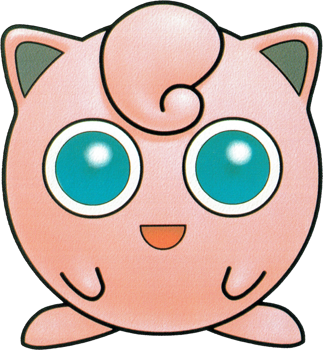 Jigglypuff寶可夢角色插畫 壁紙 — 一個可愛的粉紅色卡通生物，有大大的藍綠色眼睛和微笑的臉，背景是黑色。