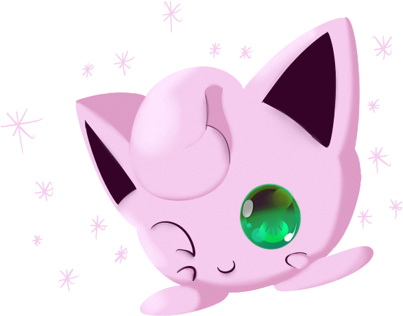 睡著的 jigglypuff 寶可夢 壁紙 — 一隻可愛的粉紅色胖丁，有一隻發光的綠色眼睛和星爆，漂浮在黑色背景上。