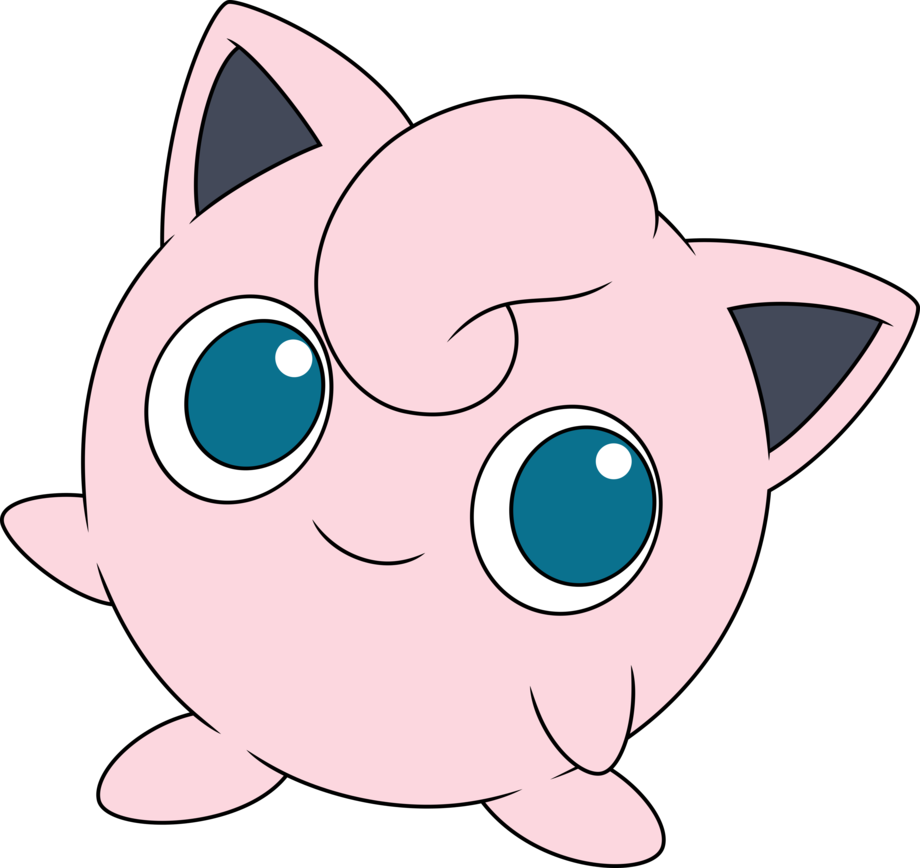 Jigglypuff 寶可夢角色插畫.PNG 壁紙 — 一個可愛的粉紅色卡通生物，有大藍眼睛和眨眼的表情，背景是黑色。