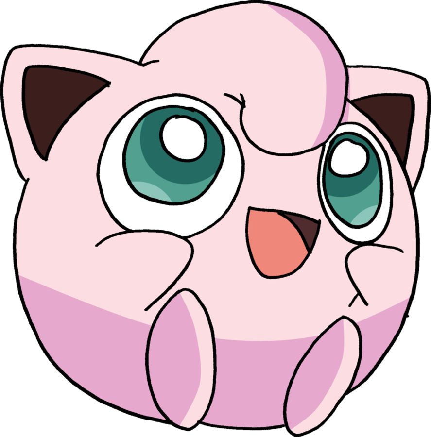Jigglypuff 寶可夢卡通圖 壁紙 — 一個可愛的粉紅色動漫角色，有著大大的綠色眼睛和驚訝的表情，背景為黑色。