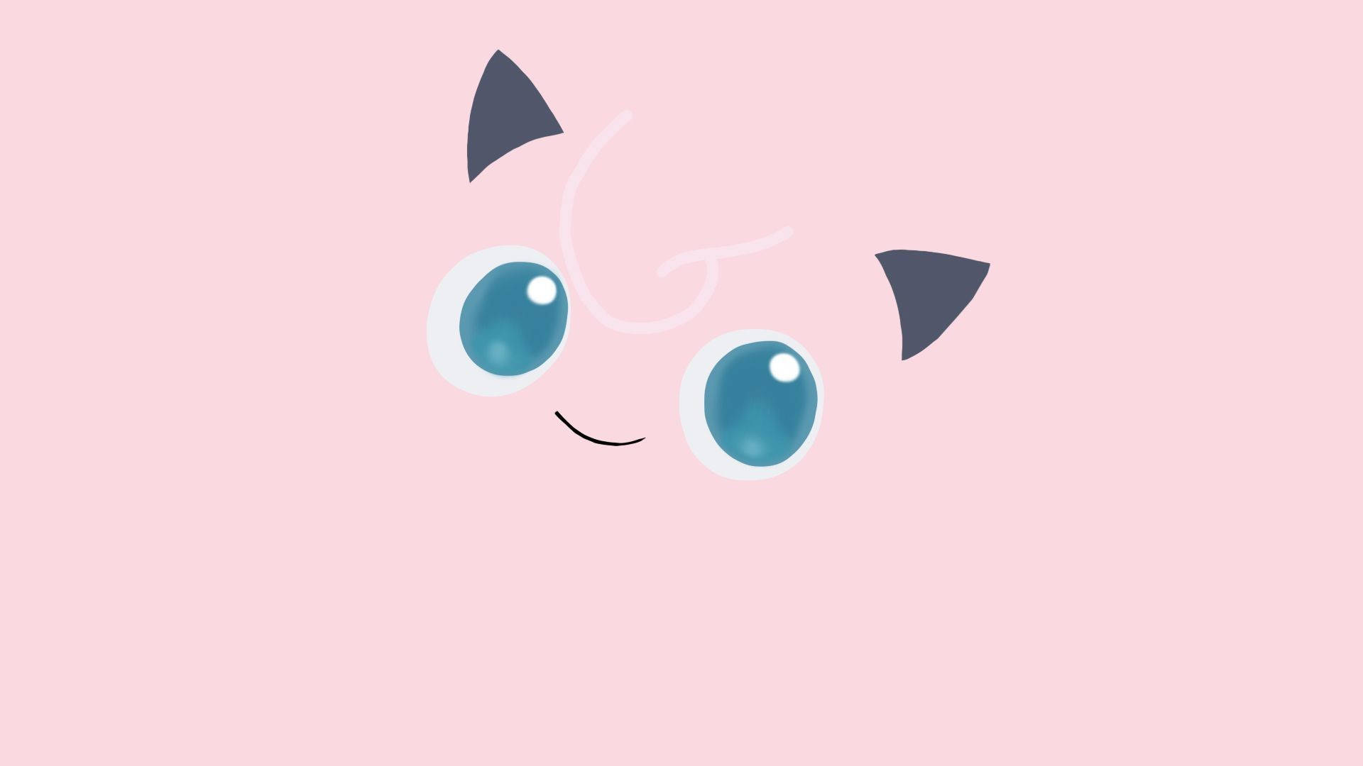 可愛的Jigglypuff寶可夢 壁紙 — 在柔和的粉紅色背景上，Jigglypuff 臉部的極簡數位插圖，有大藍眼睛和深色耳朵。