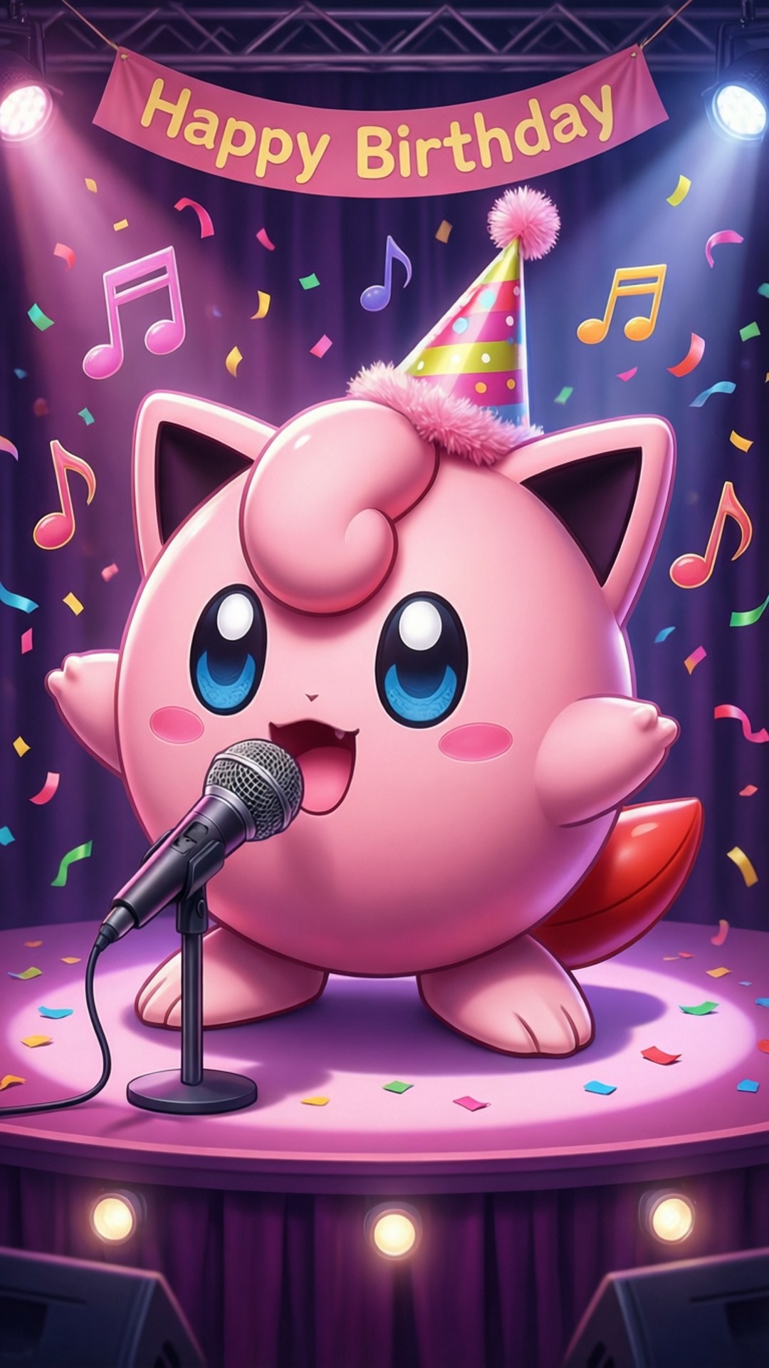 粉紅色Jigglypuff在生日舞台上唱歌，伴有五彩紙屑和音符。