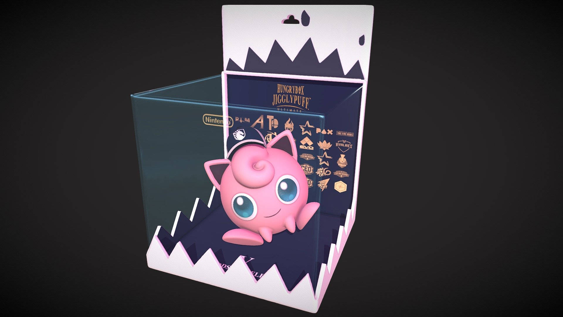 粉紅色Jigglypuff毛公仔喺一個鋸齒邊嘅收藏盒入面，盒上有Nintendo品牌標誌。