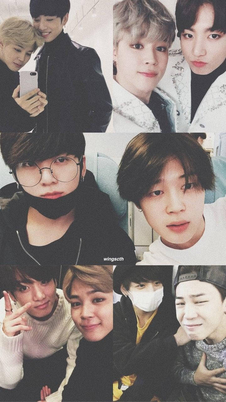Jikook 做鬼臉 壁紙 — 七位年輕男士穿著休閒服裝，以不同表情和姿勢拍攝的特寫自拍拼貼畫。
